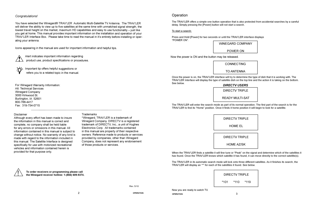 Winegard SK-3003 operation manual Winegard Company Power on, Connecting To Antenna, Directv Triple, Ready MULTI-SAT 