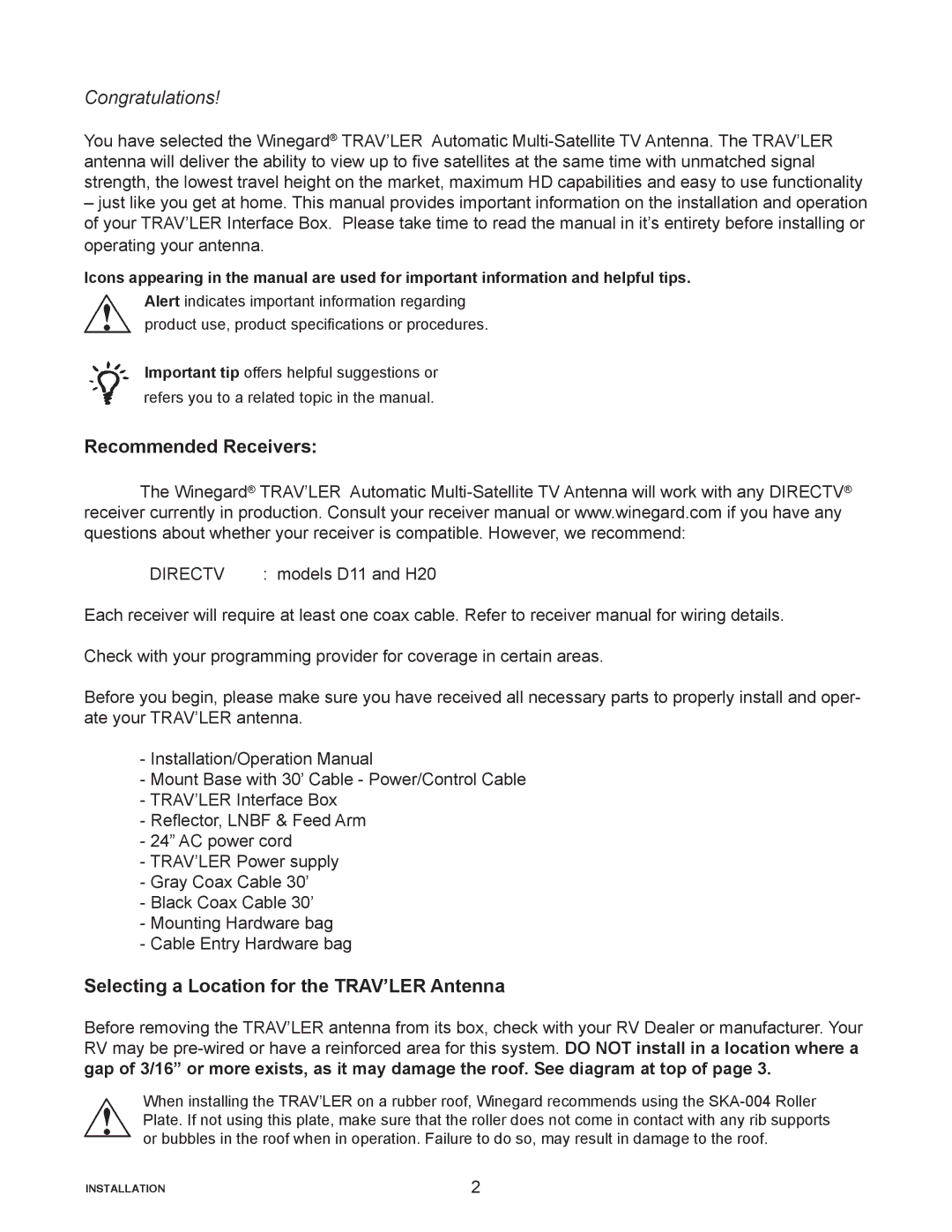 Winegard SK-3005 installation manual Recommended Receivers, Selecting a Location for the TRAV’LER Antenna 