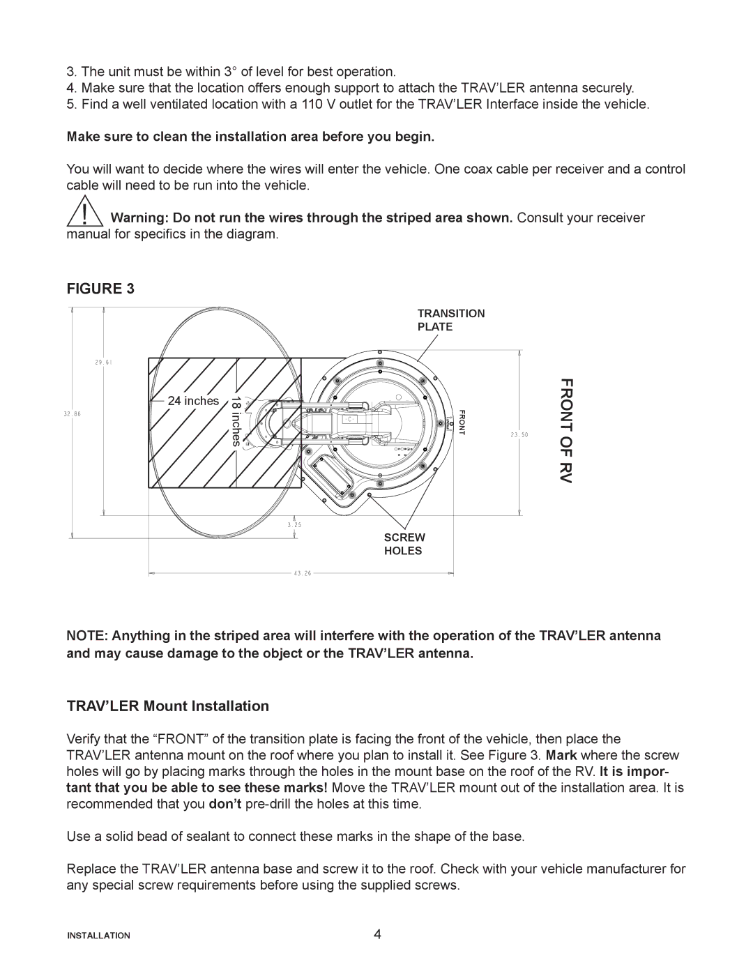 Winegard SK-3005 installation manual TRAV’LER Mount Installation, Make sure to clean the installation area before you begin 