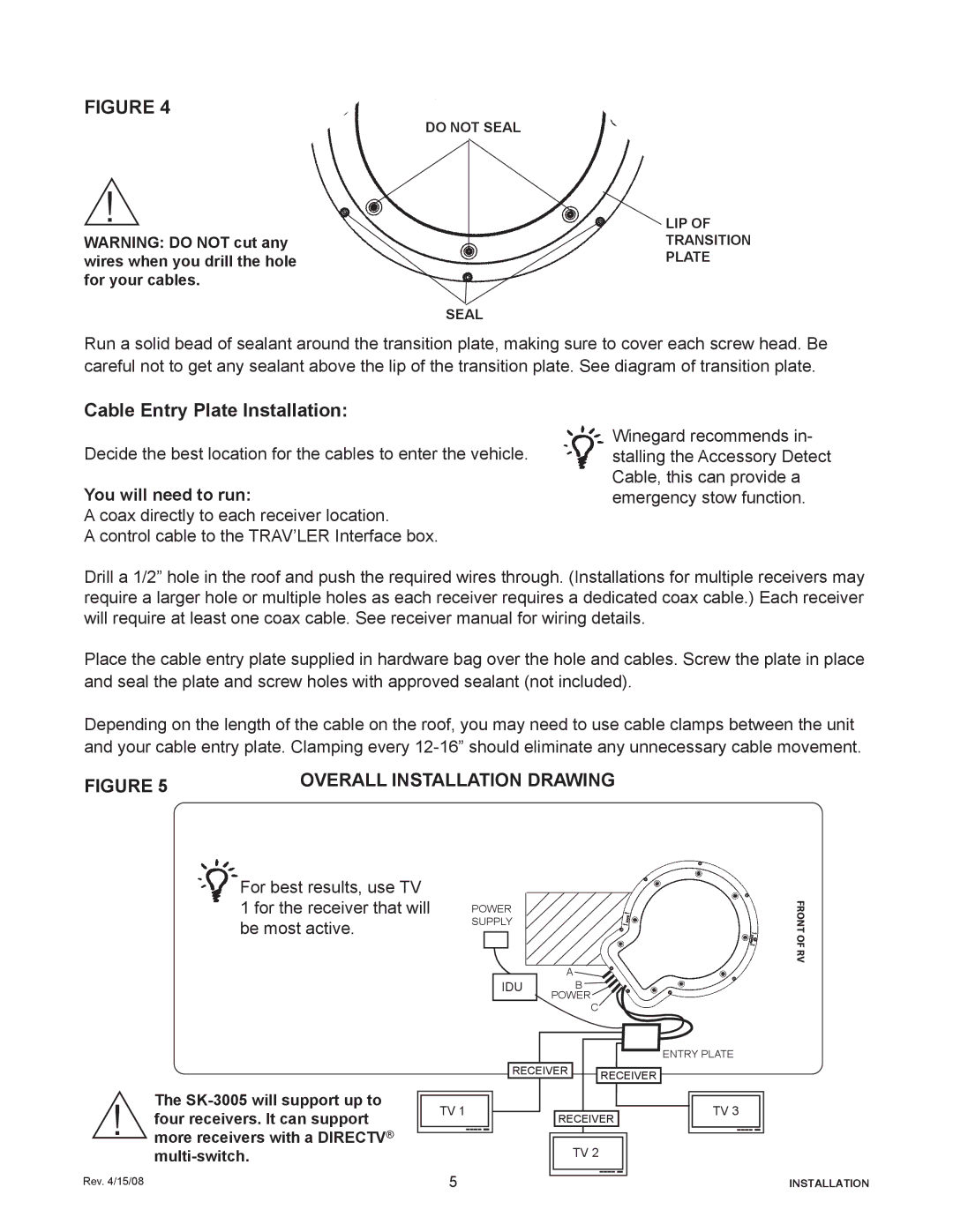 Winegard SK-3005 installation manual Cable Entry Plate Installation, You will need to run 