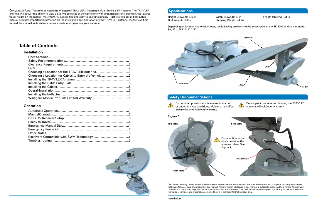 Winegard SK-3005 installation manual Table of Contents 