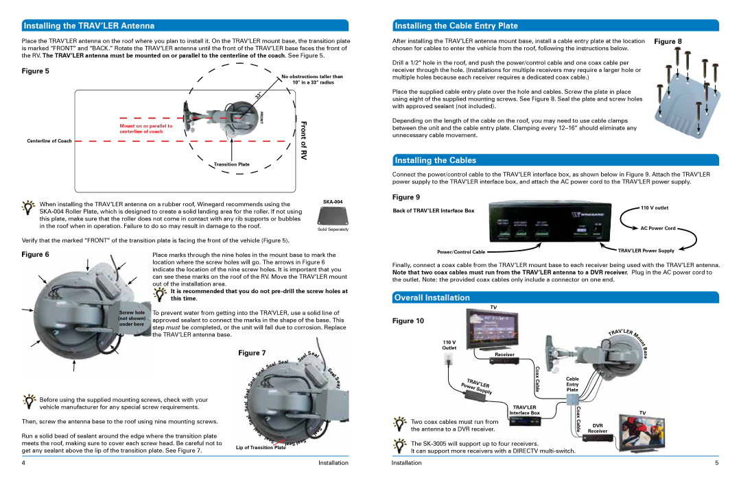 Winegard SK-3005 Installing the TRAV’LER Antenna, Installing the Cable Entry Plate, Installing the Cables 