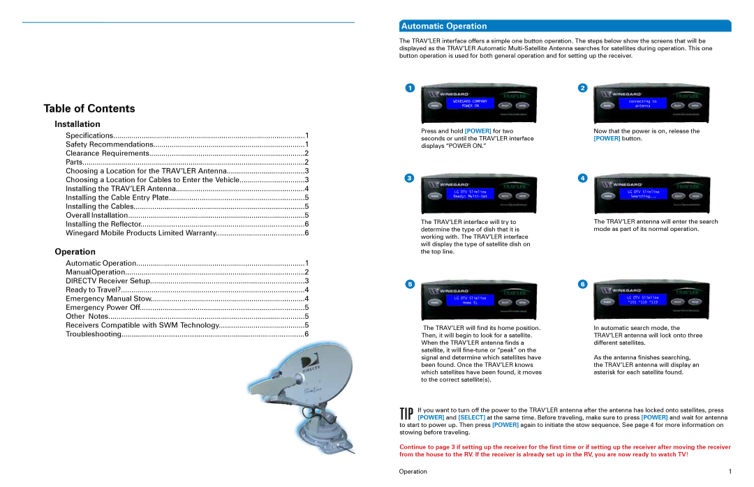 Winegard SK-3005 installation manual Automatic Operation ManualOperation Directv Receiver Setup 