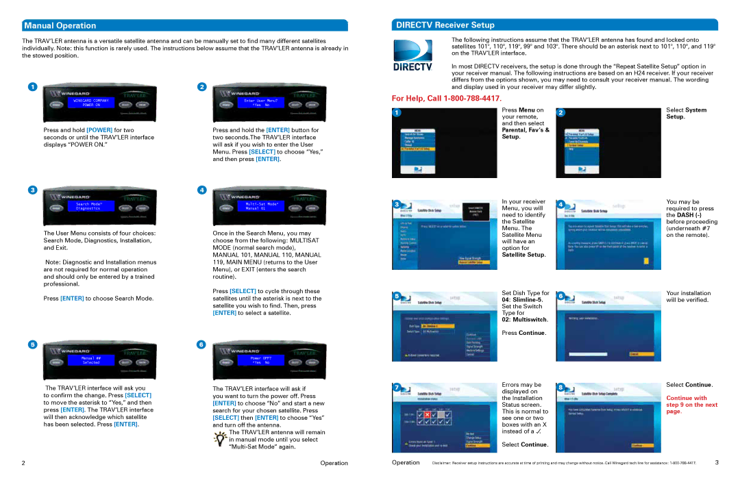 Winegard SK-3005 installation manual Manual Operation, Directv Receiver Setup 