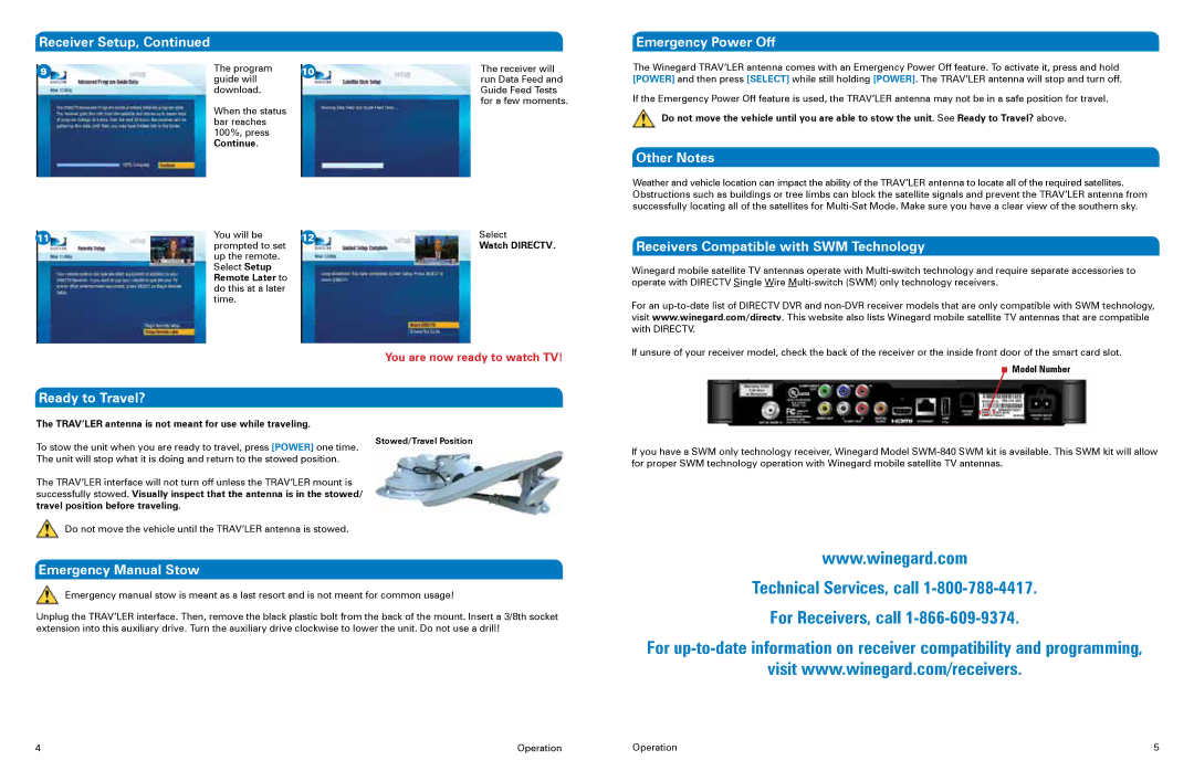 Winegard SK-3005 Receiver Setup, Emergency Power Off, Other Notes, Receivers Compatible with SWM Technology 