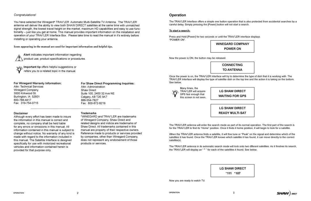 Winegard SK-7003 operation manual Winegard Company Power on, Connecting To Antenna, LG Shaw Direct Waiting for GPS 