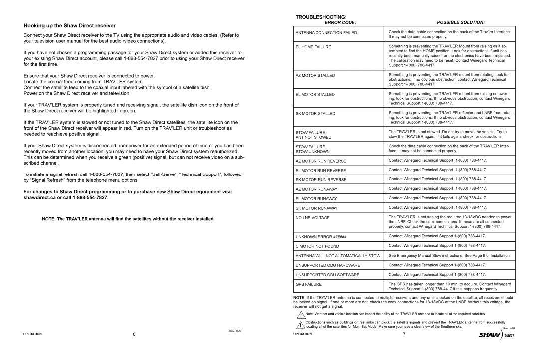 Winegard SK-7003 operation manual Hooking up the Shaw Direct receiver, Troubleshooting 