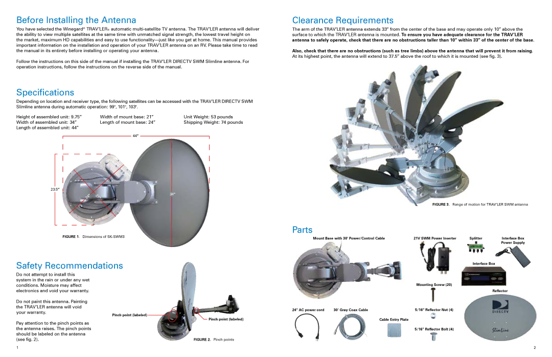 Winegard SK-SWM3 Before Installing the Antenna, Specifications, Safety Recommendations, Clearance Requirements, Parts 