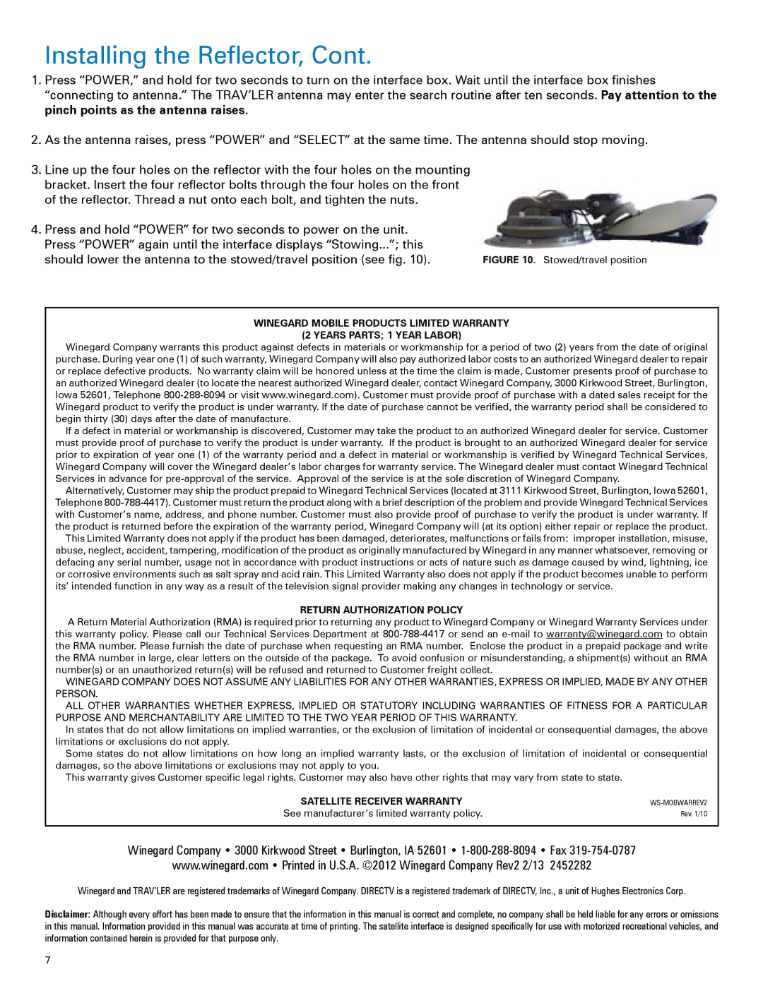 Winegard SK-SWM3 installation manual Installing the Reflector, Return Authorization Policy 