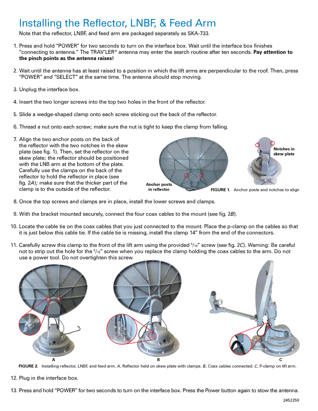 Winegard SKA-733 manual Installing the Reflector, LNBF, & Feed Arm, Anchor posts and notches to align 