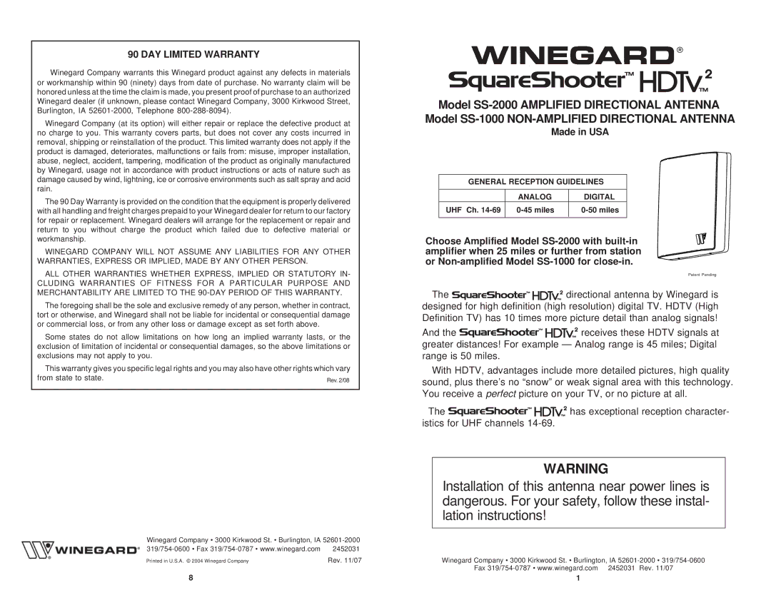 Winegard SS-1000, SS-2000 installation instructions Made in USA 