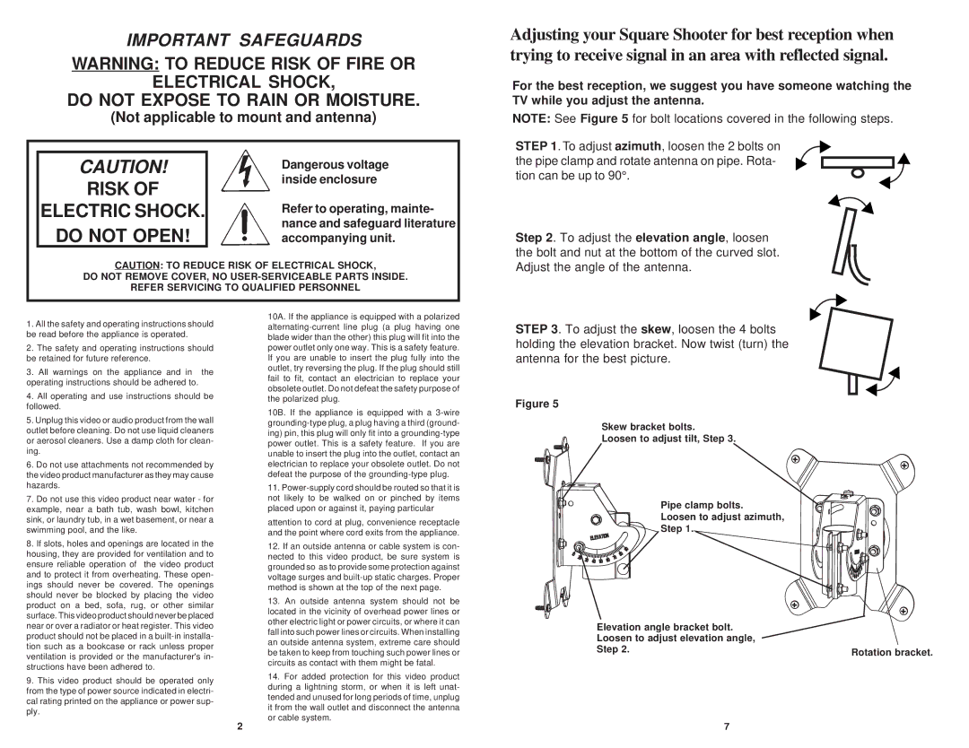 Winegard SS-2000, SS-1000 installation instructions Risk Electric Shock Do not Open 