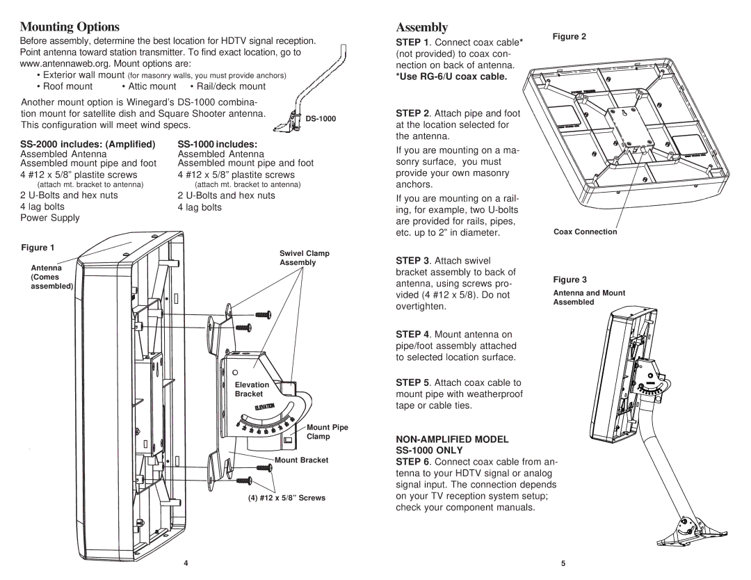 Winegard SS-2000 installation instructions Mounting Options, NON-AMPLIFIED Model SS-1000 only 