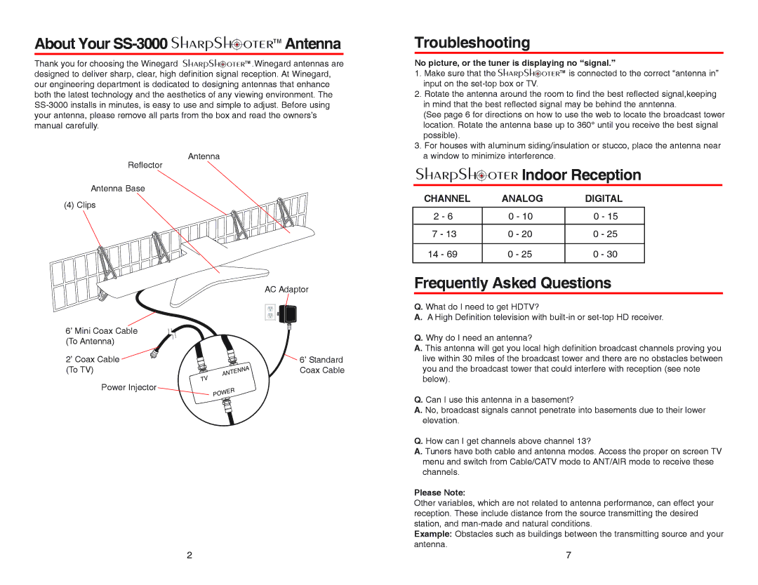 Winegard specifications About Your SS-3000 SharpSh oterTM Antenna, Troubleshooting, SharpSh oter Indoor Reception 