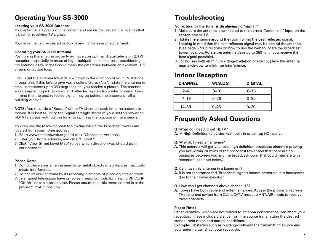 Winegard manual Operating Your SS-3000, Troubleshooting, Indoor Reception, Frequently Asked Questions 