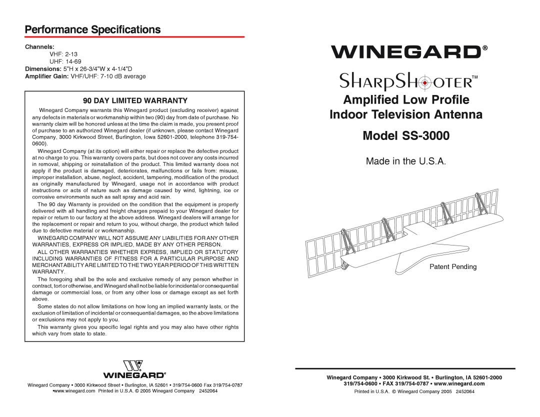 Winegard SS-3000 specifications Performance Specifications, Channels, SharpShoterTM, Winegard, Made in the U.S.A 