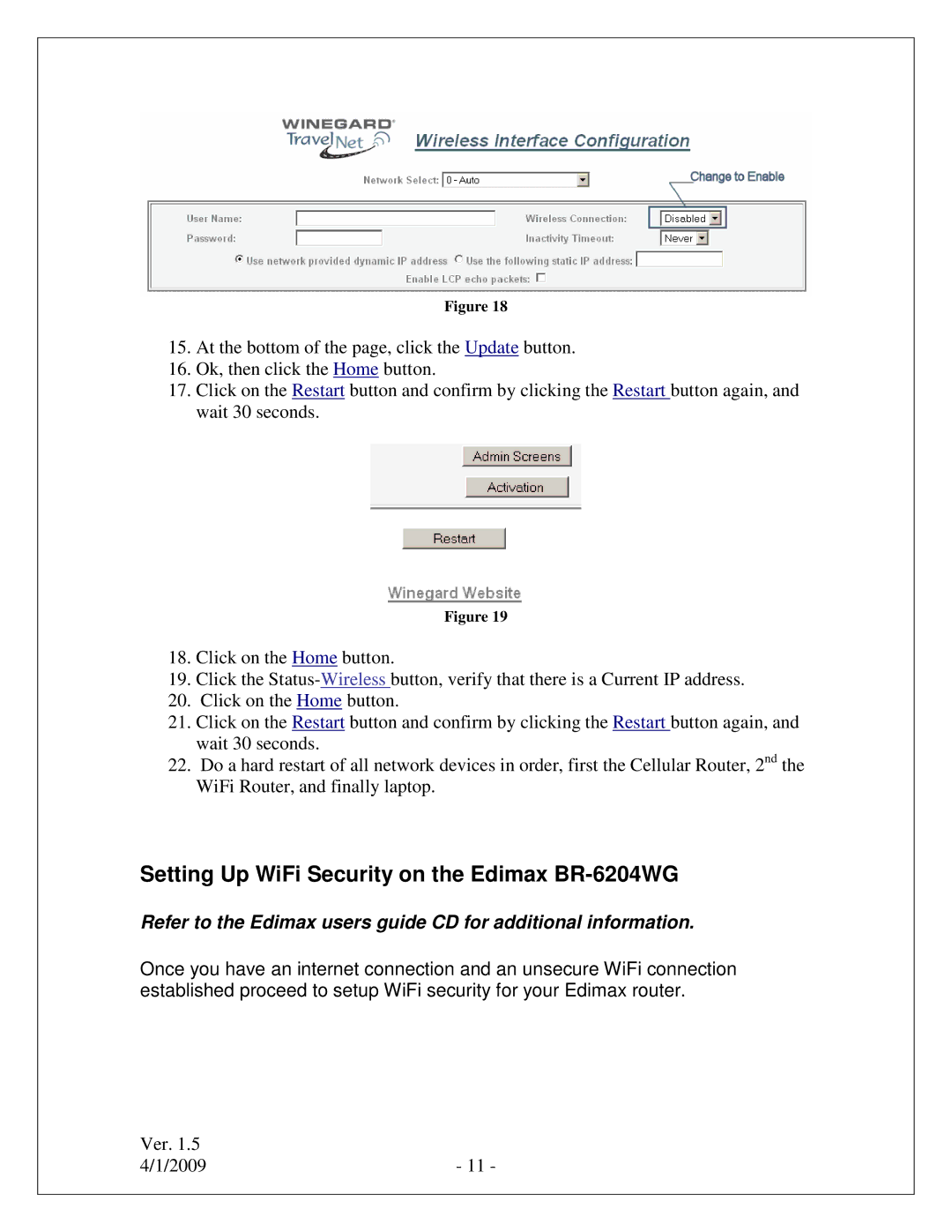 Winegard TN-2033, TN-2055 quick start Setting Up WiFi Security on the Edimax BR-6204WG 