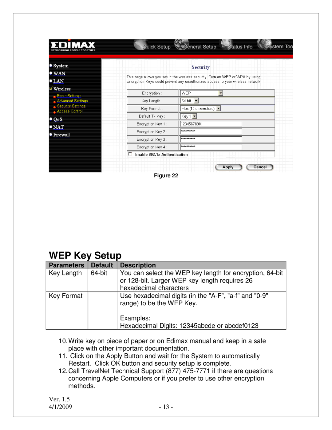 Winegard TN-2033, TN-2055 quick start WEP Key Setup 