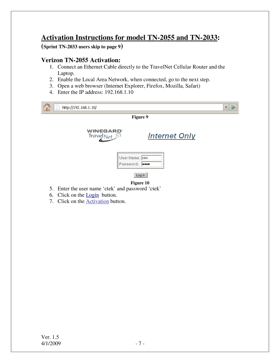 Winegard quick start Activation Instructions for model TN-2055 and TN-2033 