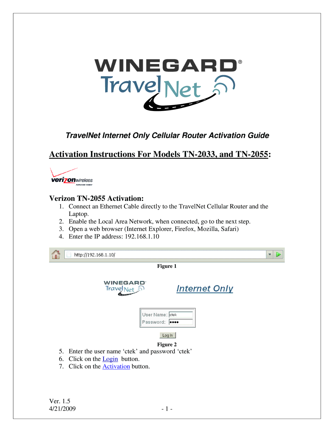 Winegard manual Activation Instructions For Models TN-2033, and TN-2055 