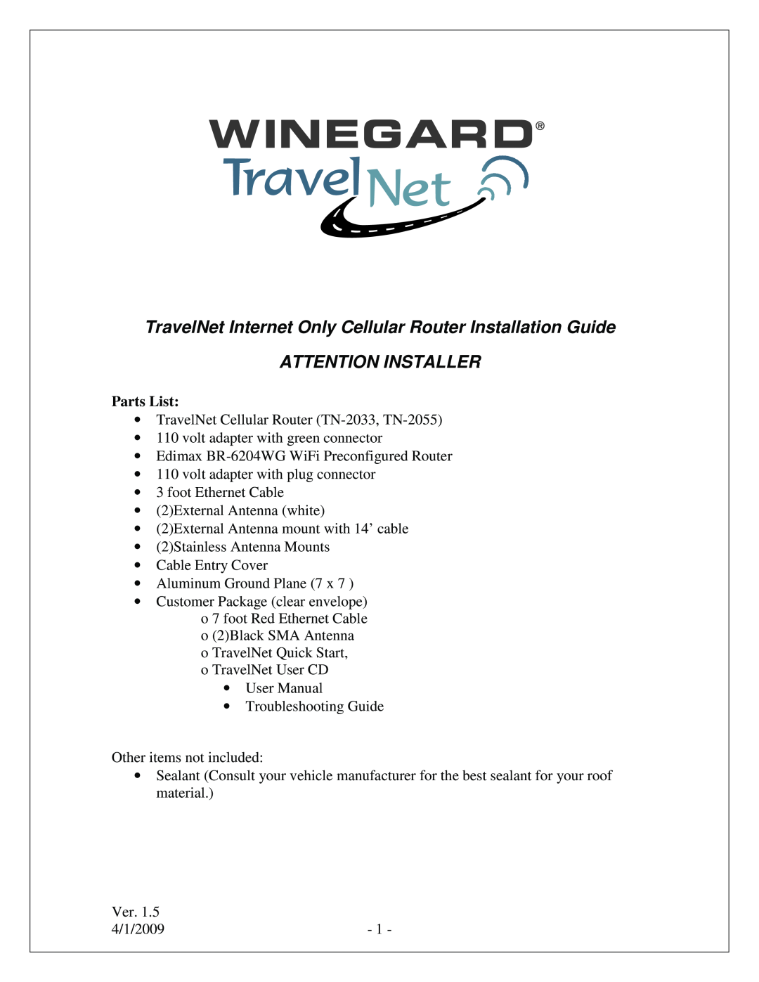 Winegard TN-2033 quick start TravelNet Internet Only Cellular Router Installation Guide, Attention Installer, Parts List 