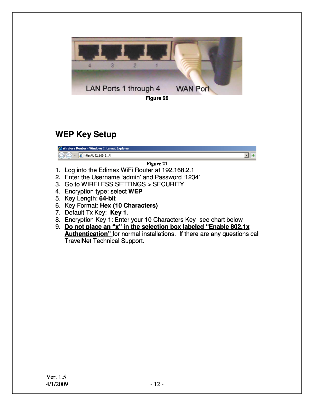 Winegard TN-2055, TN-2033 quick start WEP Key Setup, Key Format Hex 10 Characters 