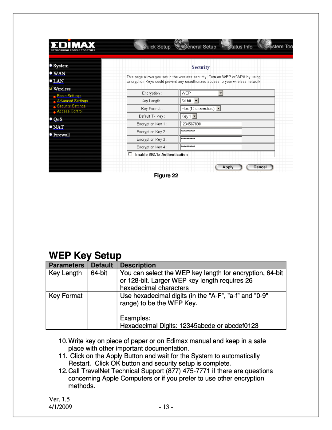 Winegard TN-2033, TN-2055 quick start Parameters, Default, Description, WEP Key Setup 