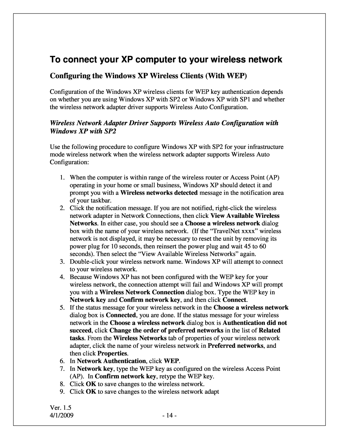 Winegard TN-2055, TN-2033 To connect your XP computer to your wireless network, In Network Authentication, click WEP 