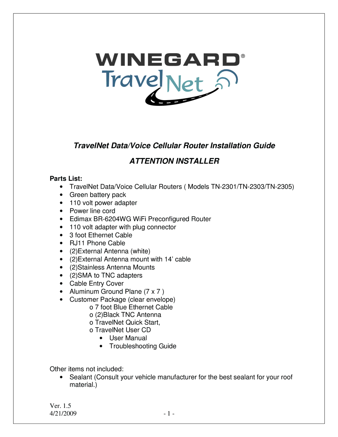 Winegard TN-2305, TN-2301, TN-2303 quick start TravelNet Data/Voice Cellular Router Installation Guide, Parts List 