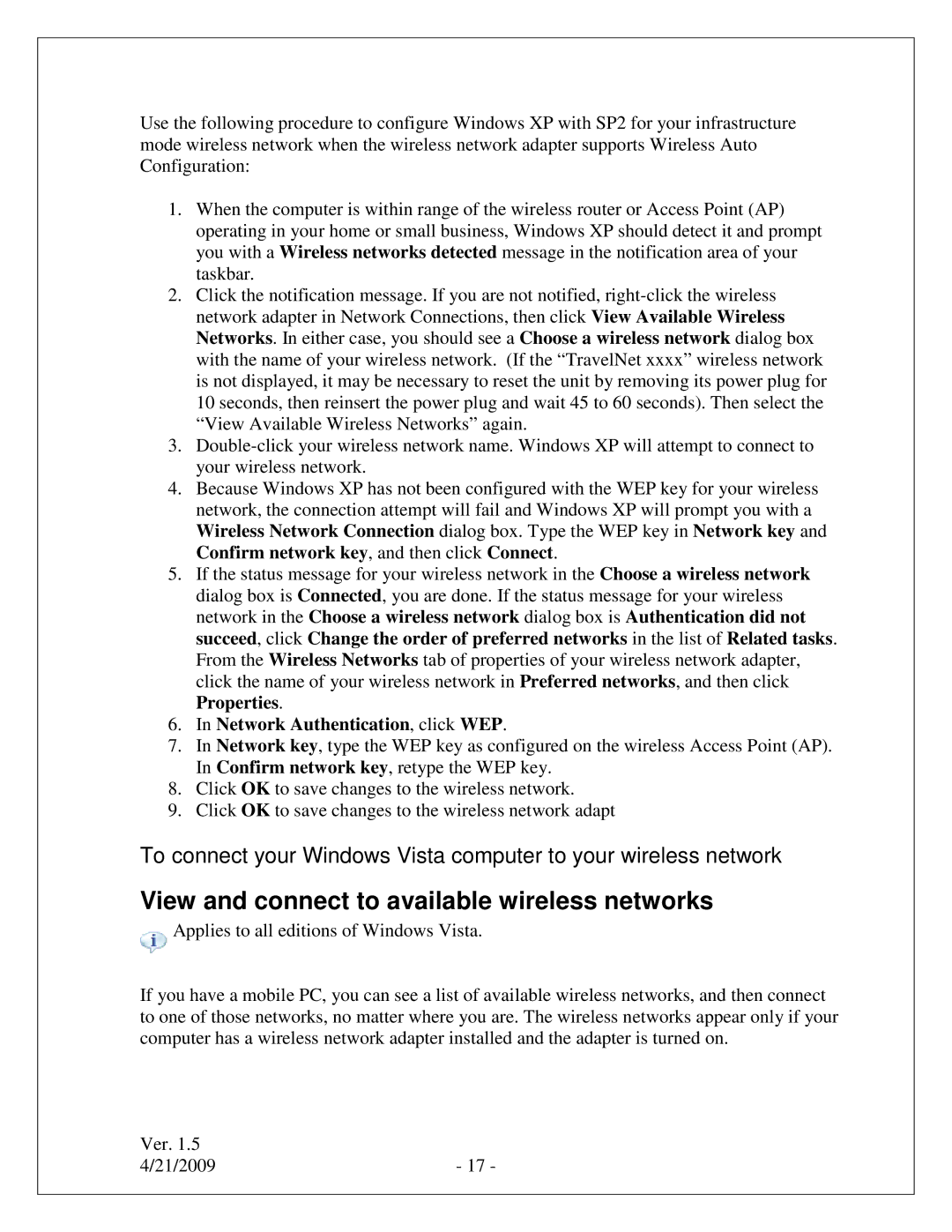 Winegard TN-2303, TN-2301, TN-2305 View and connect to available wireless networks, Network Authentication, click WEP 