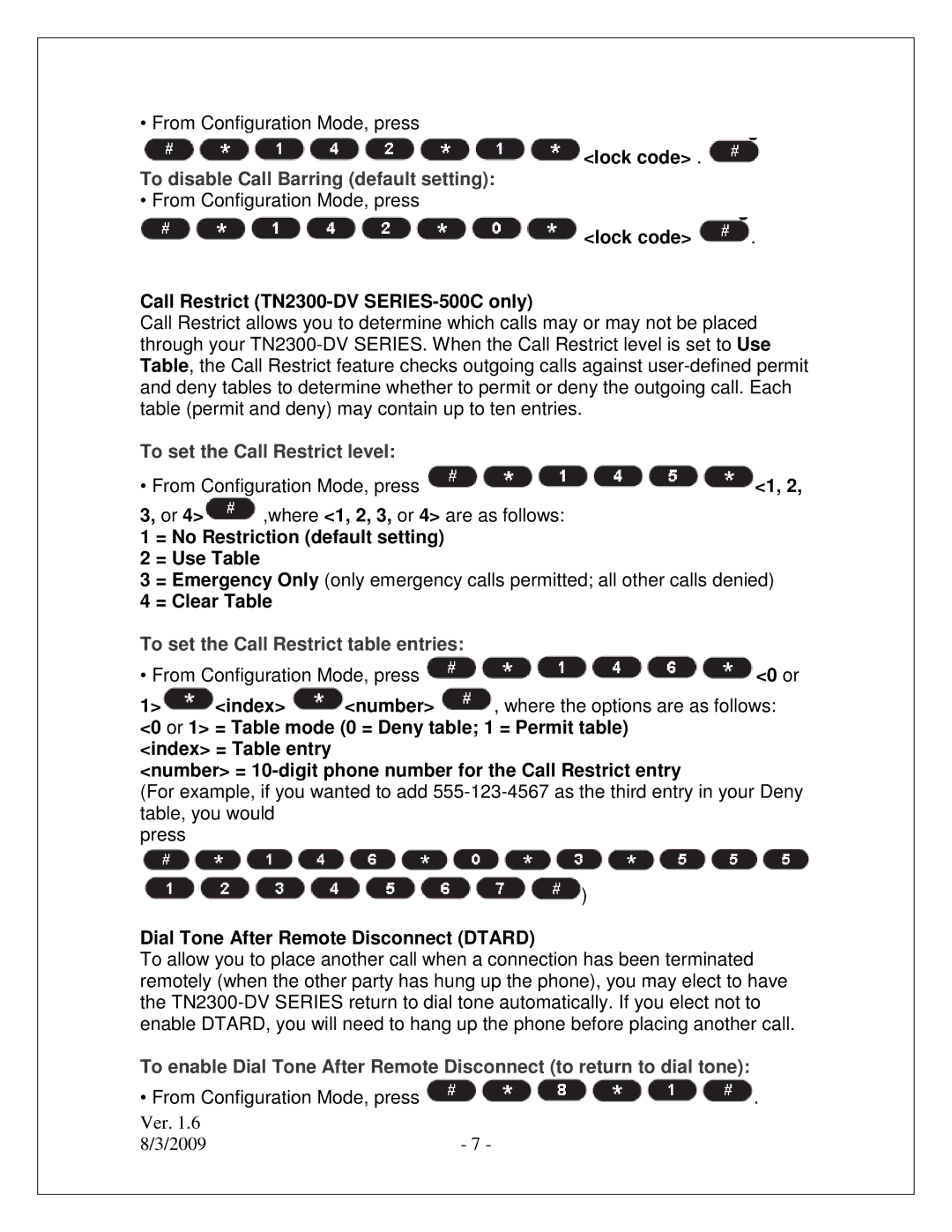 Winegard TN2300-DV setup guide To disable Call Barring default setting, To set the Call Restrict level 