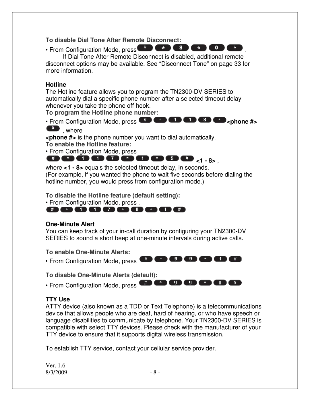 Winegard TN2300-DV setup guide To disable Dial Tone After Remote Disconnect, To program the Hotline phone number 