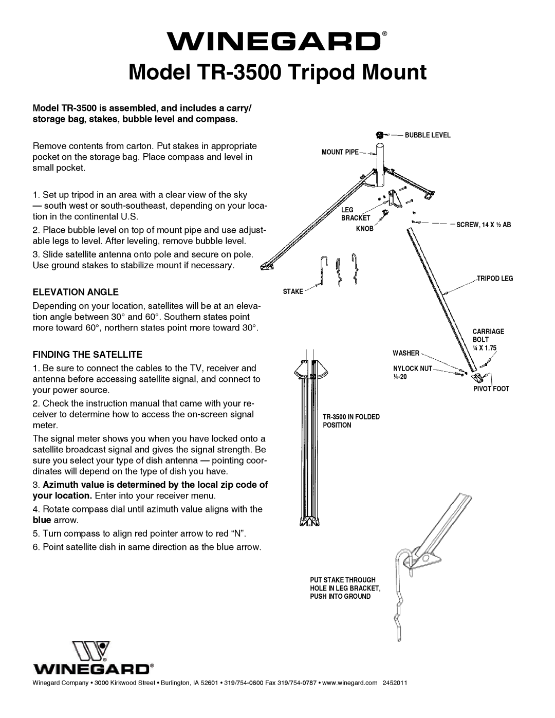 Winegard instruction manual Winegard, Model TR-3500 Tripod Mount, Elevation Angle, Finding the Satellite 