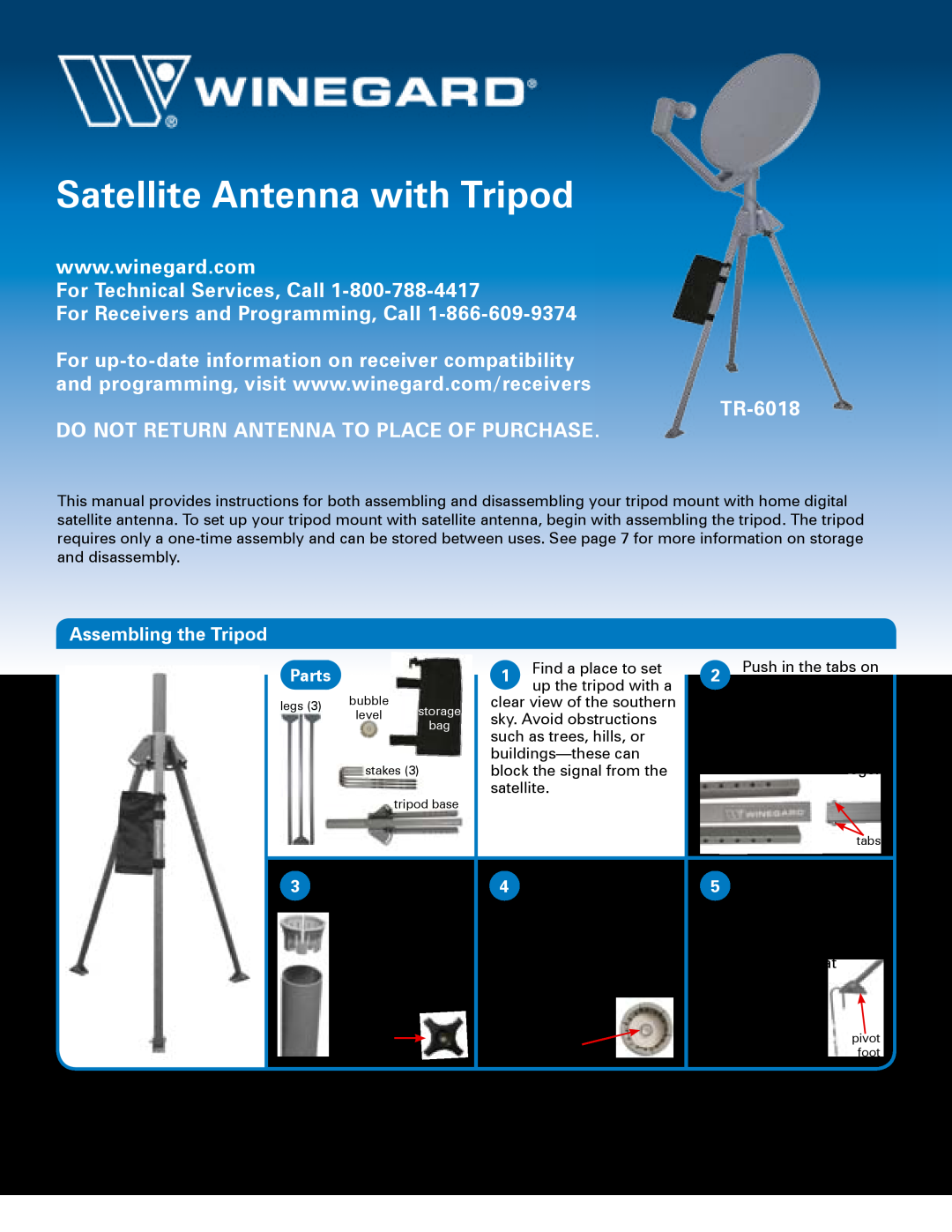 Winegard TR-6018 manual Assembling the Tripod, Parts, Satellite Antenna with Tripod 