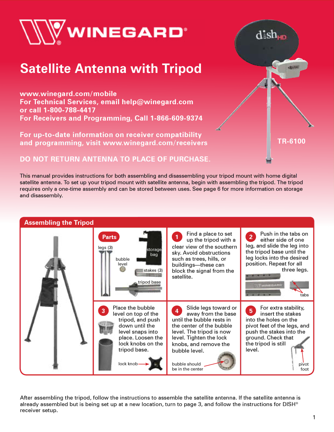 Winegard TR-6100 manual Satellite Antenna with Tripod, Assembling the Tripod 