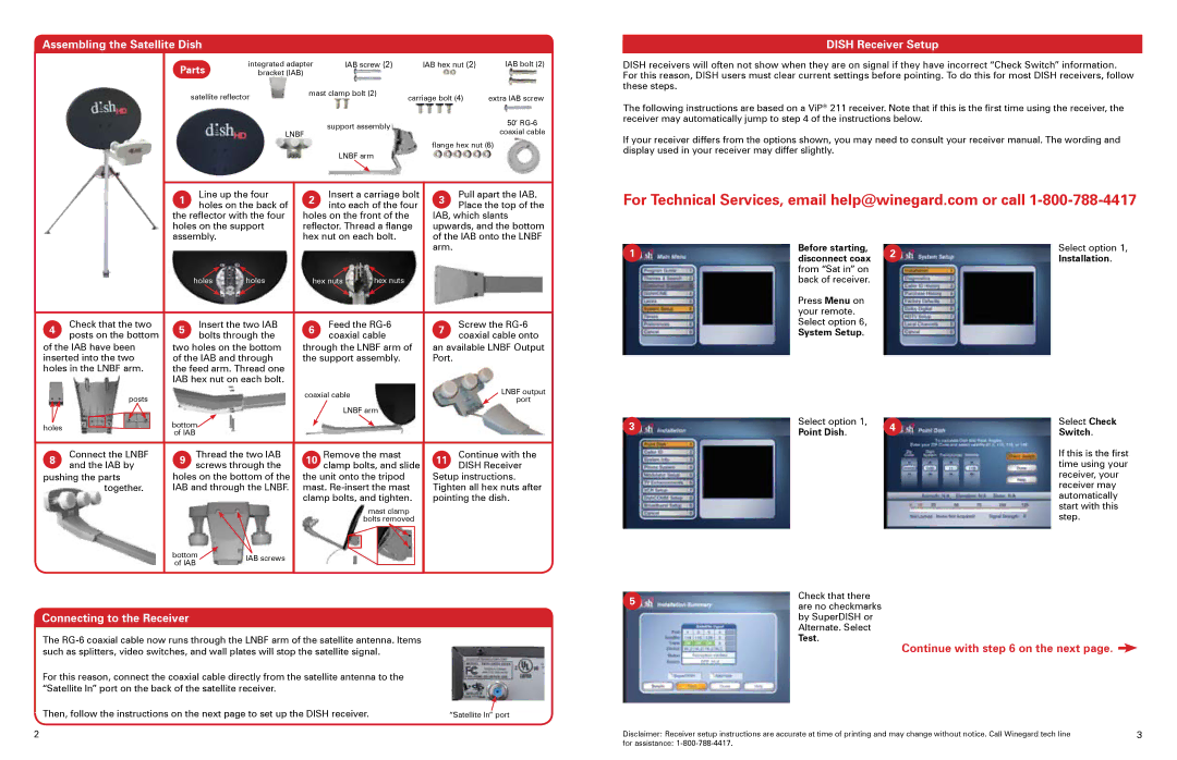 Winegard TR-6100 Assembling the Satellite Dish, Dish Receiver Setup, Connecting to the Receiver, Installation, Switch 