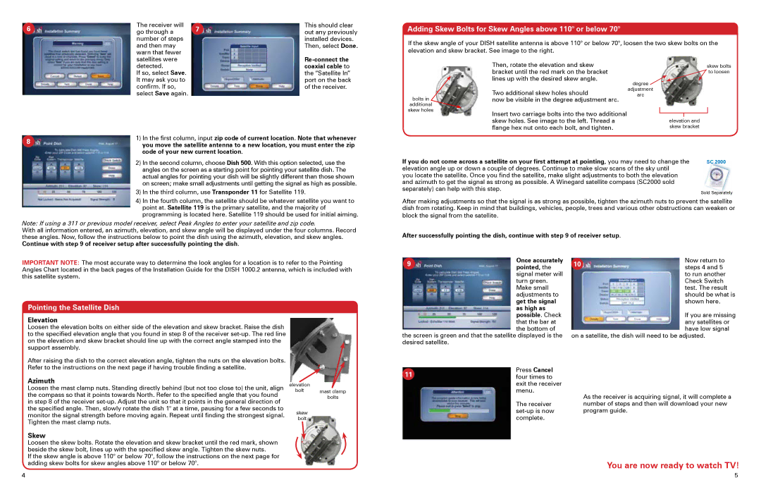 Winegard TR-6100 manual Adding Skew Bolts for Skew Angles above 110 or below, Pointing the Satellite Dish 