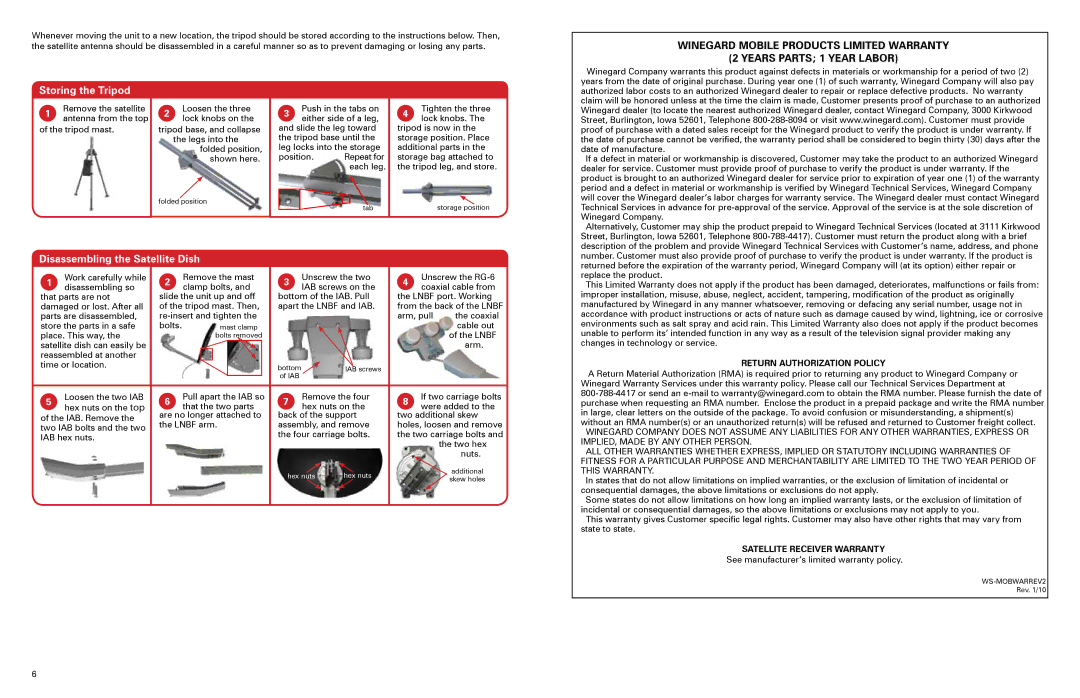 Winegard TR-6100 manual Storing the Tripod, Disassembling the Satellite Dish 