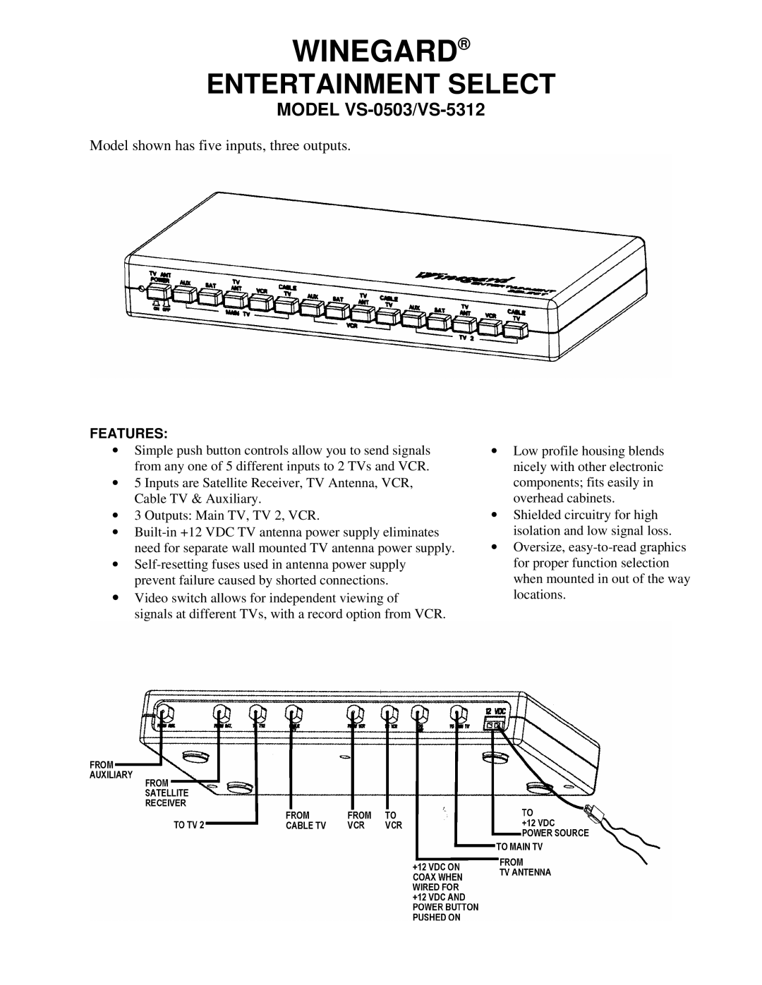 Winegard VS-0503, VS-5312 manual Winegard 