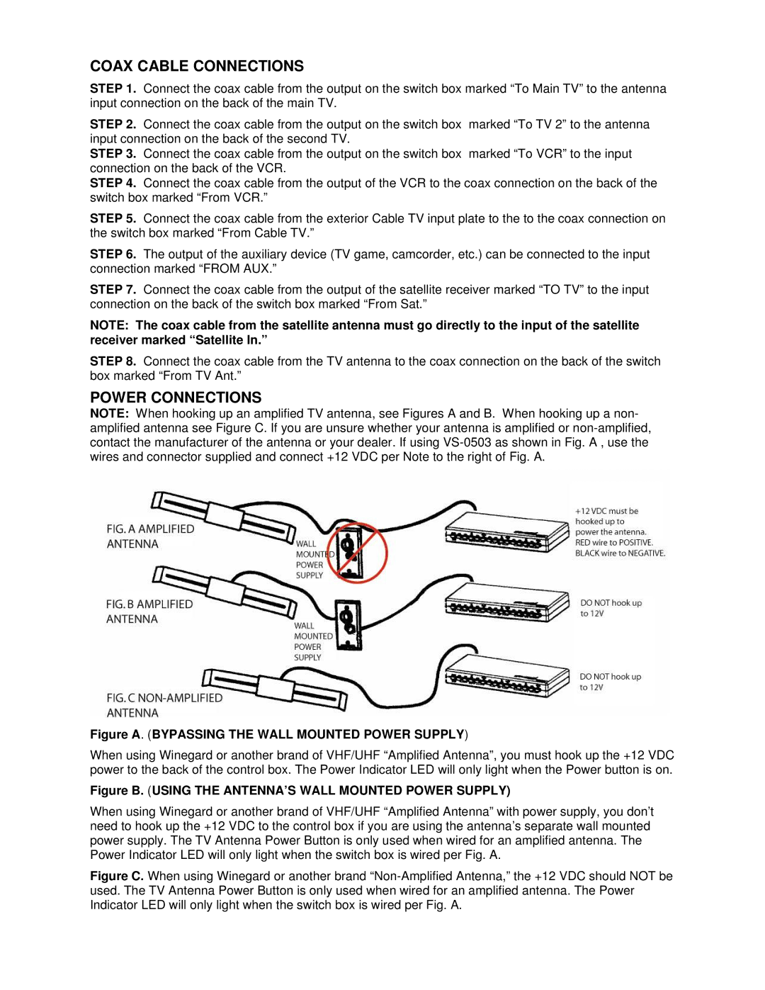 Winegard VS-5312, VS-0503 manual Coax Cable Connections, Power Connections 