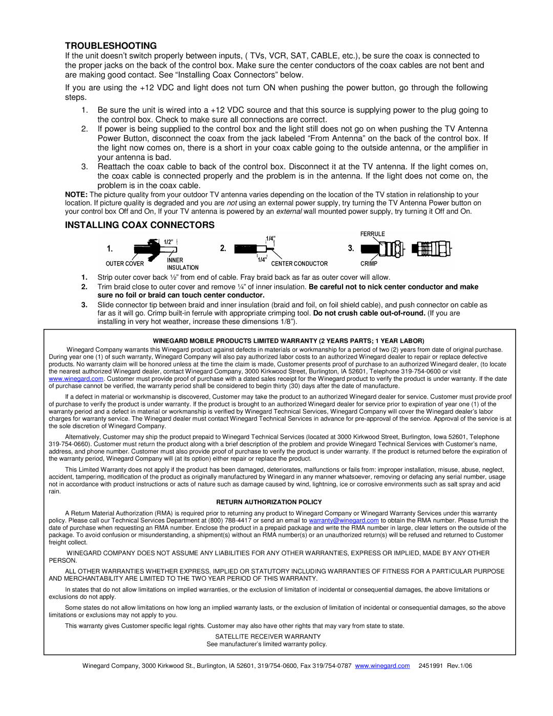 Winegard VS-5312, VS-0503 manual Troubleshooting 