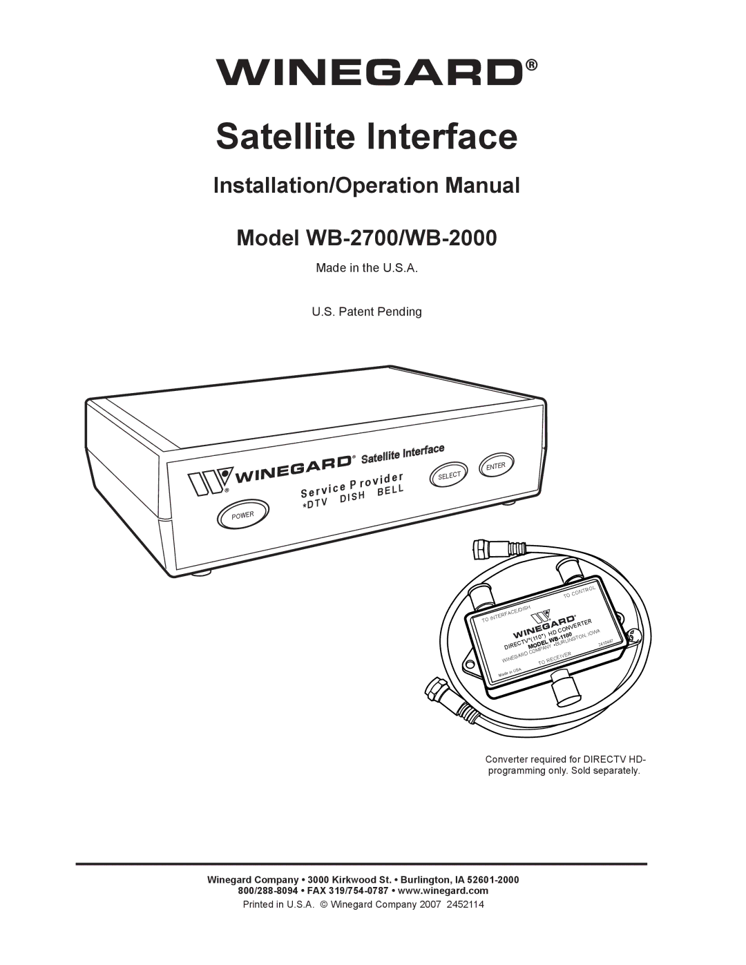 Winegard WB-2700, WB-2000 operation manual Winegard 