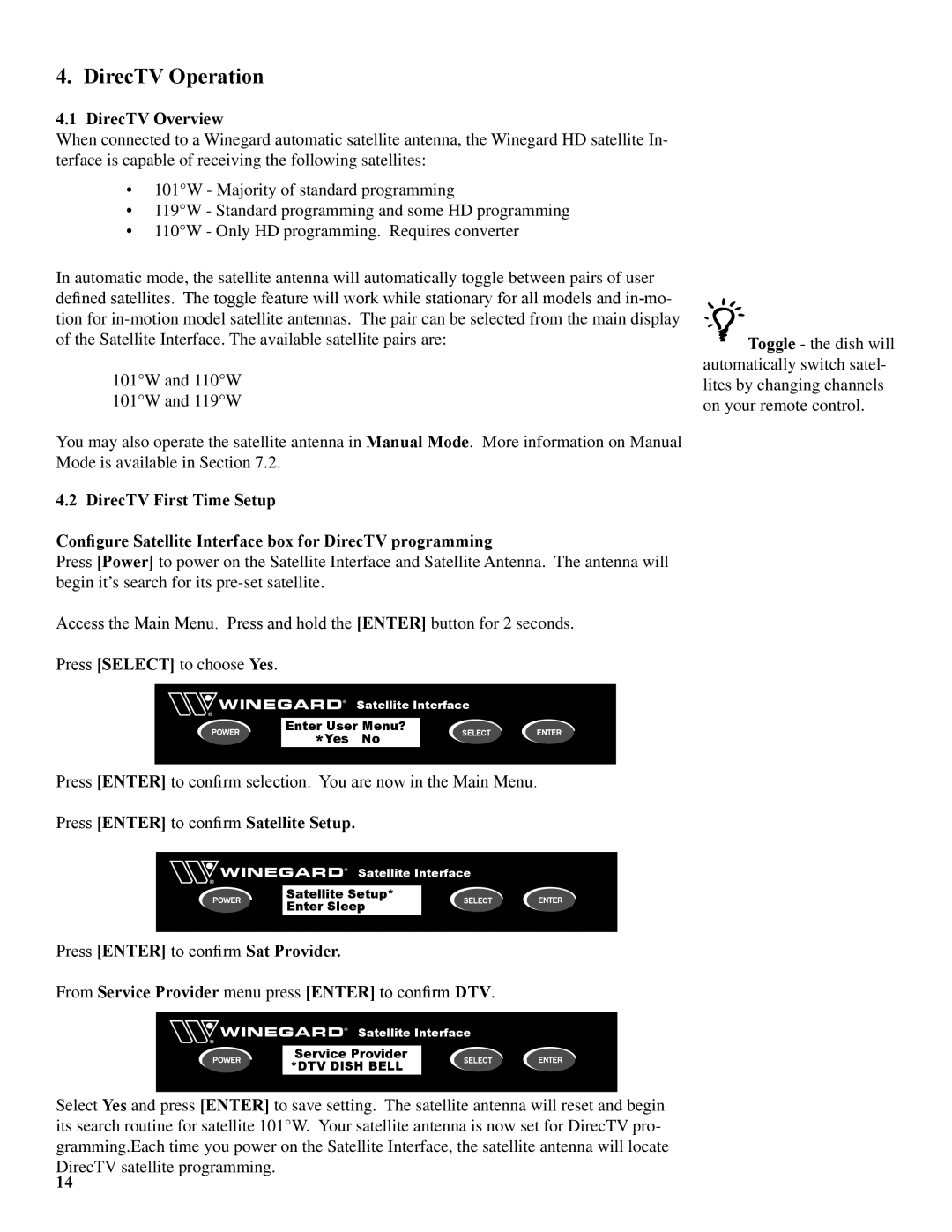 Winegard WB-2000, WB-2700 operation manual DirecTV Operation, DirecTV Overview, Press Enter to confirm Sat Provider 