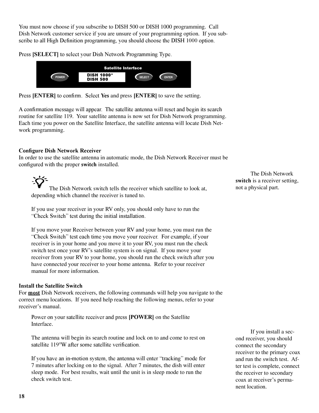 Winegard WB-2000, WB-2700 operation manual Configure Dish Network Receiver, Install the Satellite Switch 