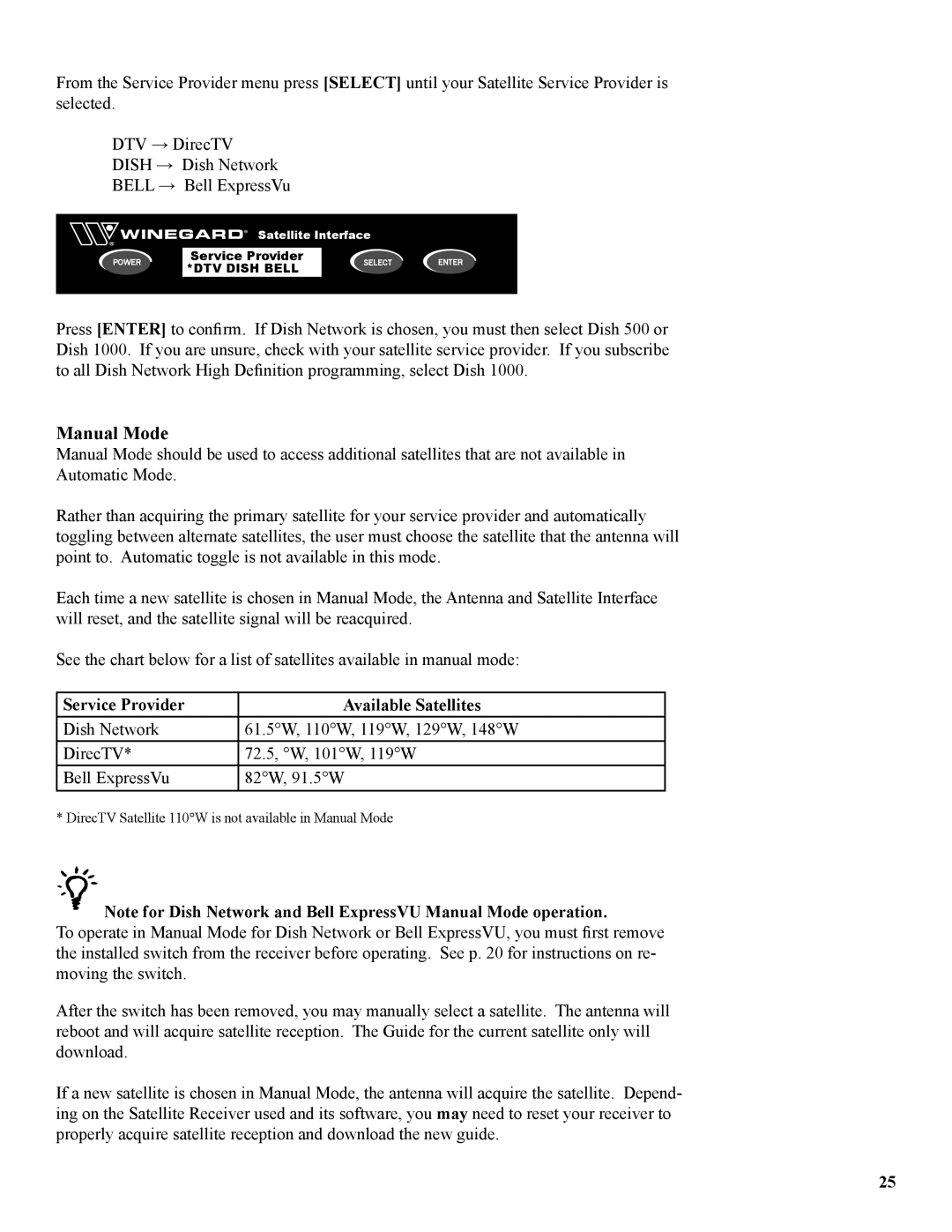 Winegard WB-2700, WB-2000 operation manual Manual Mode 