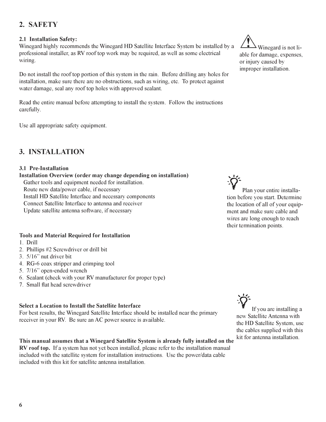 Winegard WB-2000, WB-2700 operation manual Installation Safety, Tools and Material Required for Installation 