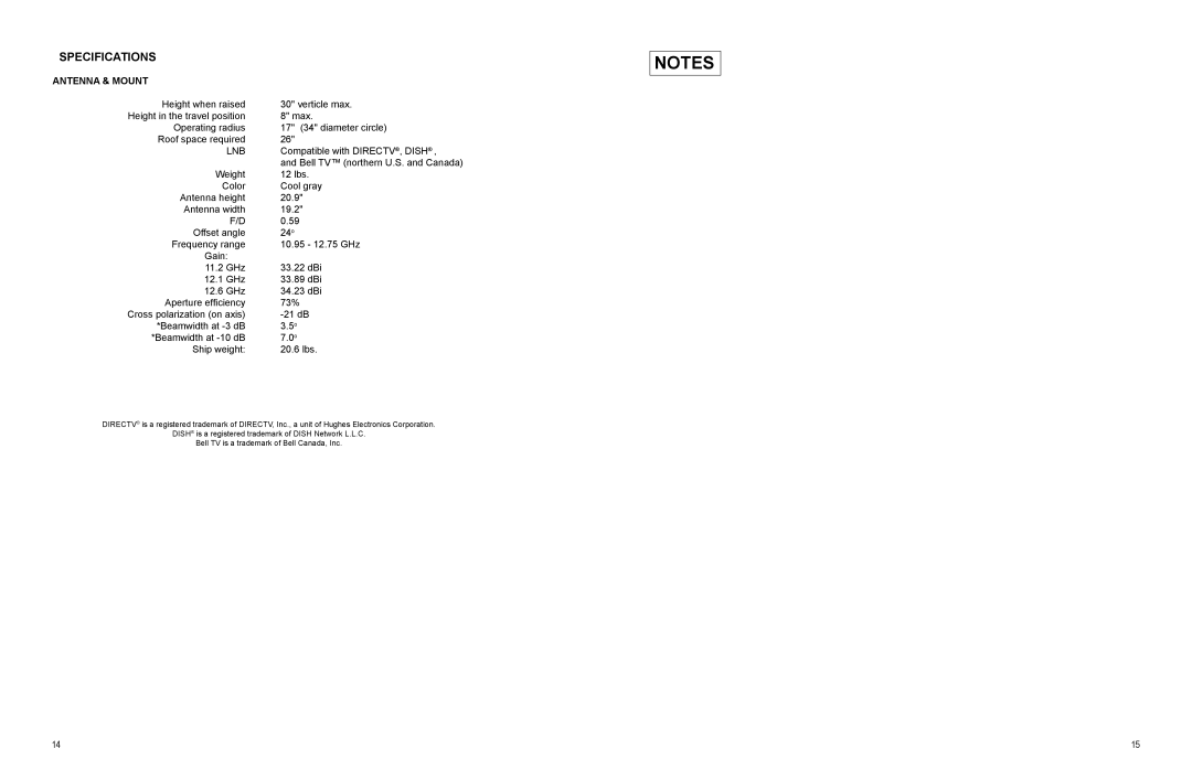 Winegard WI-DM04, WI-DM54 owner manual Specifications, Antenna & Mount 