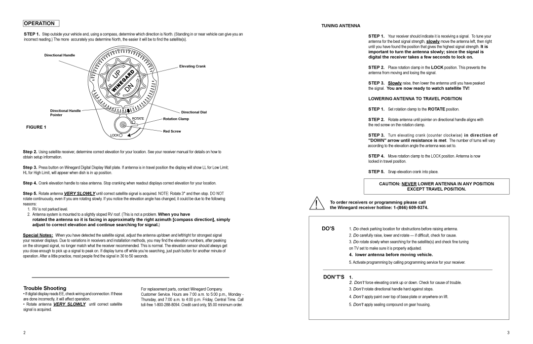 Winegard WI-DM04, WI-DM54 owner manual Operation, Do’S, Tuning Antenna, Lowering Antenna to Travel Position 