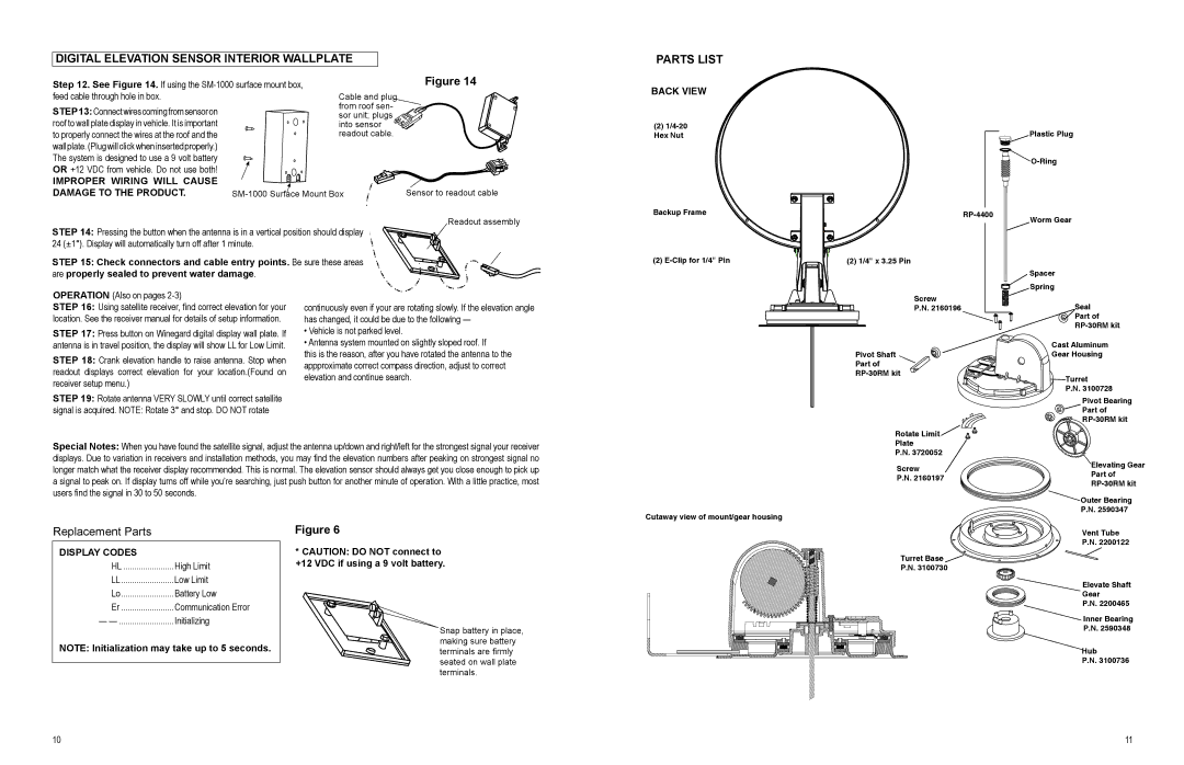 Winegard WI-DM04 Digital Elevation Sensor Interior Wallplate, Parts List, Improper wiring will cause Damage to the product 