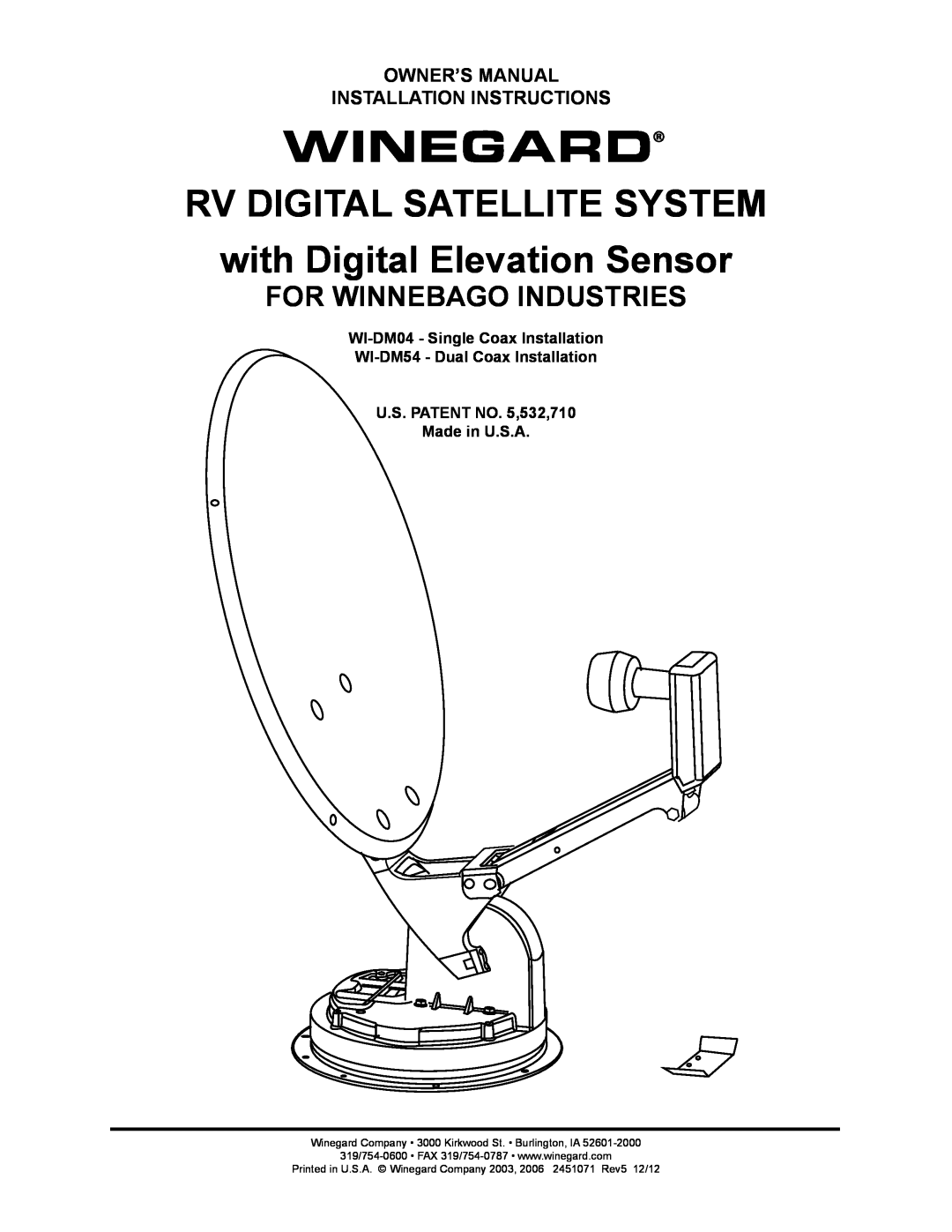 Winegard WI-DM54, WI-DM04 owner manual Winegard, RV DIGITAL SATELLITE SYSTEM with Digital Elevation Sensor 